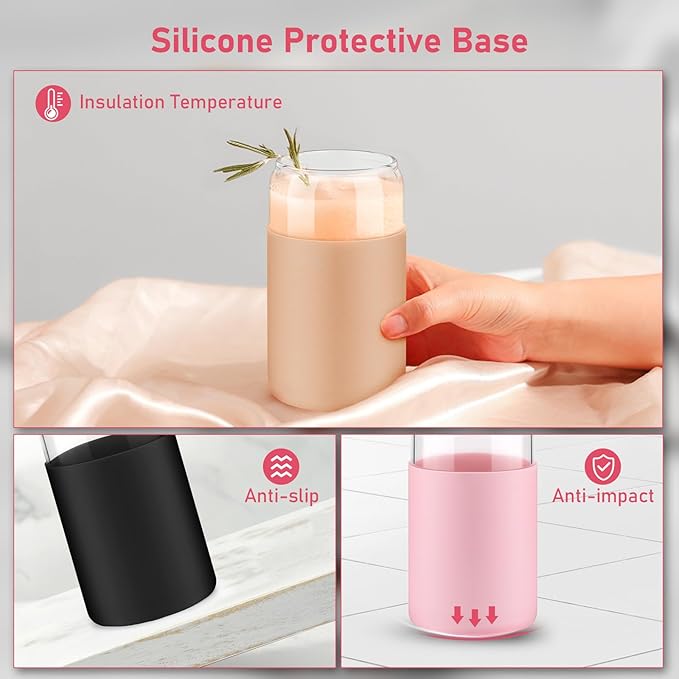 sungwoo Glass Cups with Lids and Straws, 4 Pack 16OZ Iced Coffee Cups with Silicone Sleeve, Glass Tumbler with Straw and Bamboo Lid, Home Essential Drinking Set for Juice, Cocktail and Latte 4 Colours
