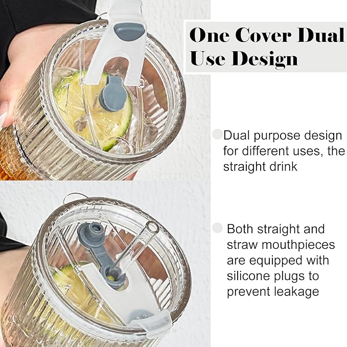 2 Pack Iced Coffee Cup with Lids, 18oz Clear Glass Tumbler with Straw & Lid, Ribbed Glassware Cups, Dishwasher Safe Drinking Glasses, Stylish Glass Cups for Coffee, Juice, Tea, Matcha