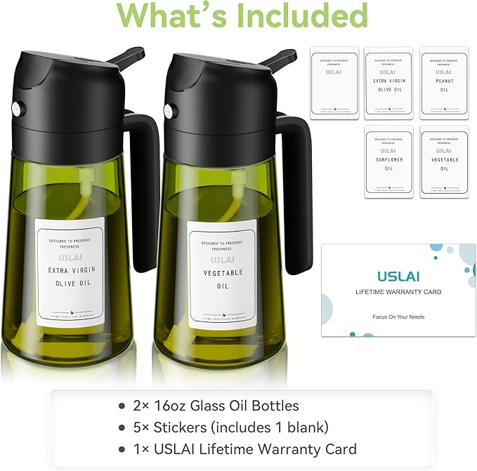 USLAI Oil Sprayer for Cooking, 16oz/470ml 2 in 1 Glass Olive Oil Dispenser Bottle for Kitchen, Air Fryer, BBQ and Salad - Black Black