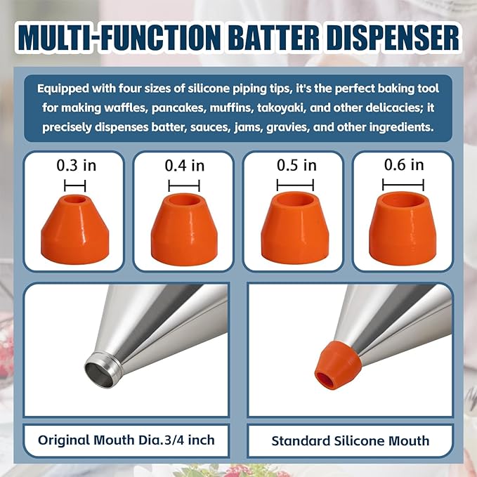 20 oz Pancake Batter Dispenser Stainless Steel Multi Caliber Nozzle with Squeeze Handle and Stand for Pancakes Cupcakes Funnel Cakes Waffles Baked Goods