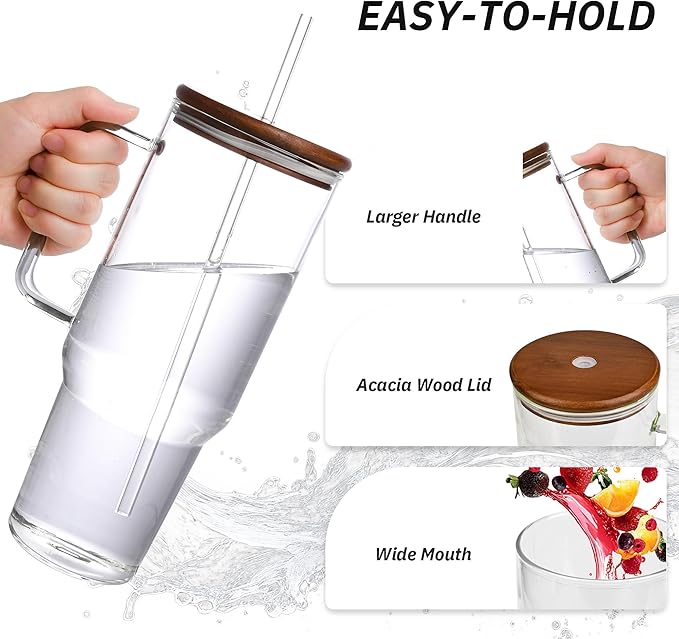 49oz Glass Tumbler with Acacia Wood Lid & Dual Straws, Large Cup with Handle and Straws Glasses Water Bottle Mason Jar Wide Mouth Iced Coffee Cups Travel Mug for Water,Juice,Smoothie,Bubble Tea,Soda