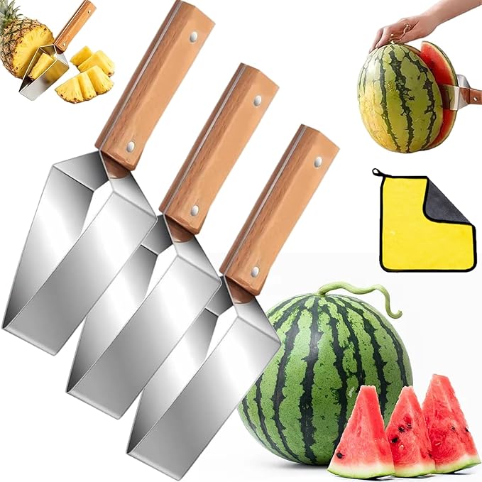 Triangle Watermelon Cutter, Stainless Steel with Wooden Handle -Melon Slicer, Fruit Cutter for Kitchen Gadgets, Stainless Steel Watermelon Slicer Tool for Home Kitchen Camping Picnic (3)