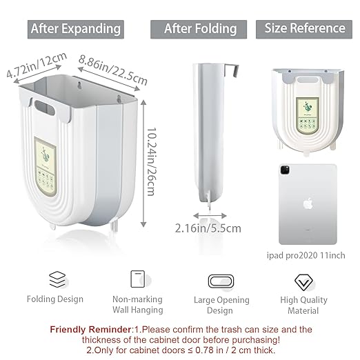 Hanging Kitchen Trash Can, Collapsible Trash Can for Kitchen, Foldable Small Garbage Can Compost Bin, 2.6 Gallon Under Sink Waste Bin for Cabinet/Bedroom/Car/Bathroom (Grey)