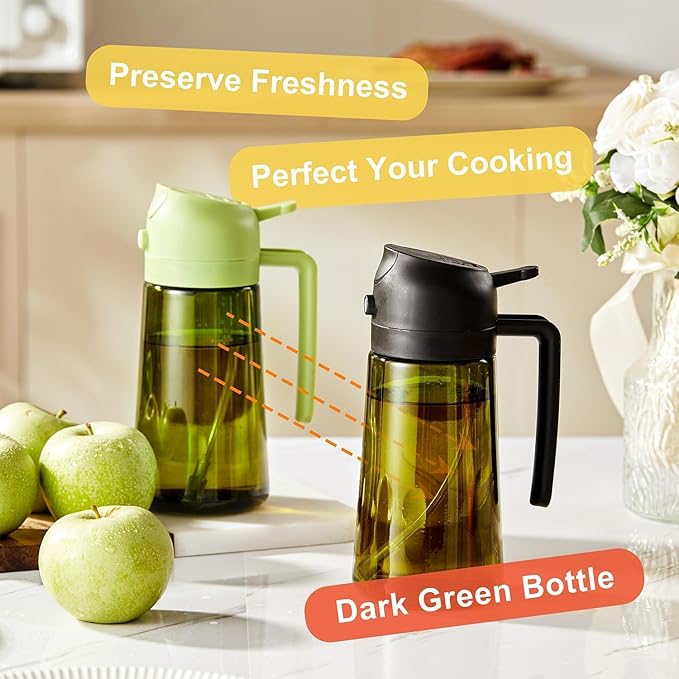 16oz/470ml Glass Olive Oil Sprayer for Cooking - 2 in 1 Olive Oil Dispenser for Kitchen Gadgets, Air Fryer, Salad, and BBQ (Green)