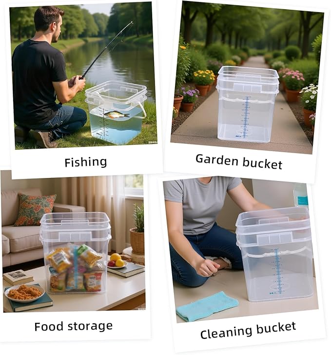 ASEVAT 4 Pcs Square Food Grade Bucket with Lid Square Bucket Pail with Plastic Handles for Storing Dry Food, Charcoal, Camping, Fishing （1+2.6+4.2gal