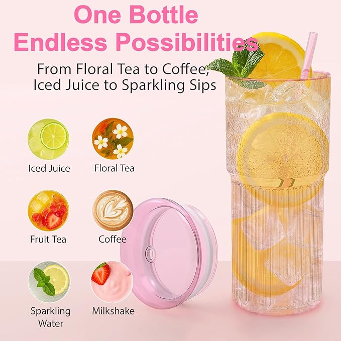 Luiaiog 20oz Glass Cups with Lids and Straws - Set of 4 Reusable Tumblers, Thickened Shatter-Resistant Glass, Ideal for Iced Coffee, Smoothies, Cocktails, Juices - Elegant & Durable Drinkware (Pink)