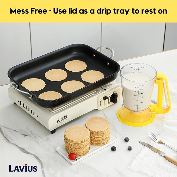 Pancake Batter Dispenser 5-Cup Batter Pourer for Maker Pancakes, Waffles, Crepes, Muffins, Cupcakes, Easy Squeeze Grip Handle with Proof Nozzle, Precise Baking Tools（Yellow）