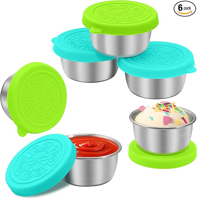 LIEMAND 6x1.6 oz Salad Dressing Container to Go, Leakproof Reusable Stainless Steel Small Container with Lid,Sauce Containers for Lunch box,Picnics,Travel,Office and Meal Prep