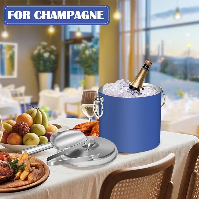 Ice Bucket with Lid & Tong- Well Made Insulated Stainless Steel Keep Ice Frozen Longer - Ideal for Cocktail Bar, Parties, Chilling Wine, Champagne - 3 Liter (Blue)