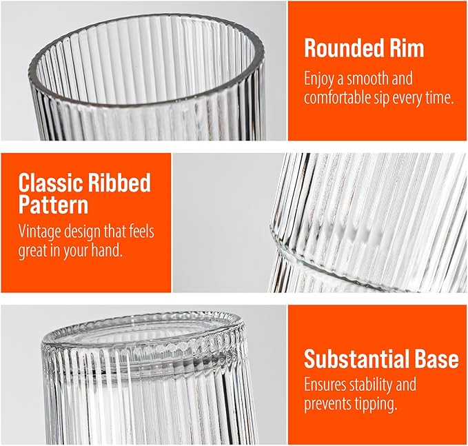 SUROQUE 20oz Ribbed Glass Tumblers with Lids & Straws, Ideal for Iced Coffee, Cocktails & More - Includes Cleaning Brush