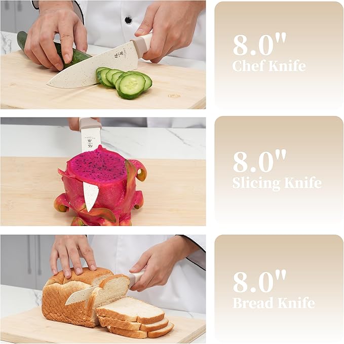 ZHANG XIAO QUAN Knife Set with White Block, High Carbon Stainless Steel Sharp Blades, Built-in Sharpener Kitchen Knife Block Set for Home Cooking