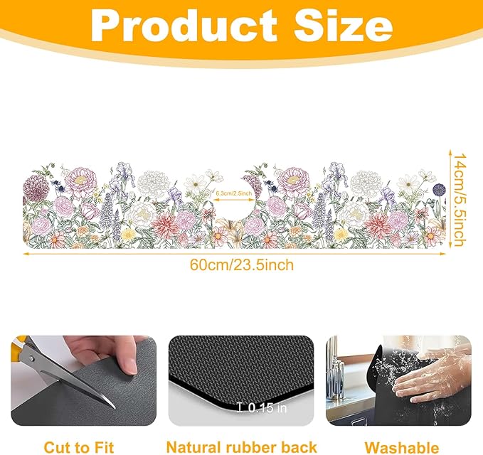 2 Pack Butterfly Floral Sink Splash Guard Faucet Mat Rose Lily Tulip Peony Super Absorbent Fast Drying Mat Sink Gadgets-Splash Guard Behind Faucet Drip Catcher for Kitchen Bathroom, 23.5"x5.5"