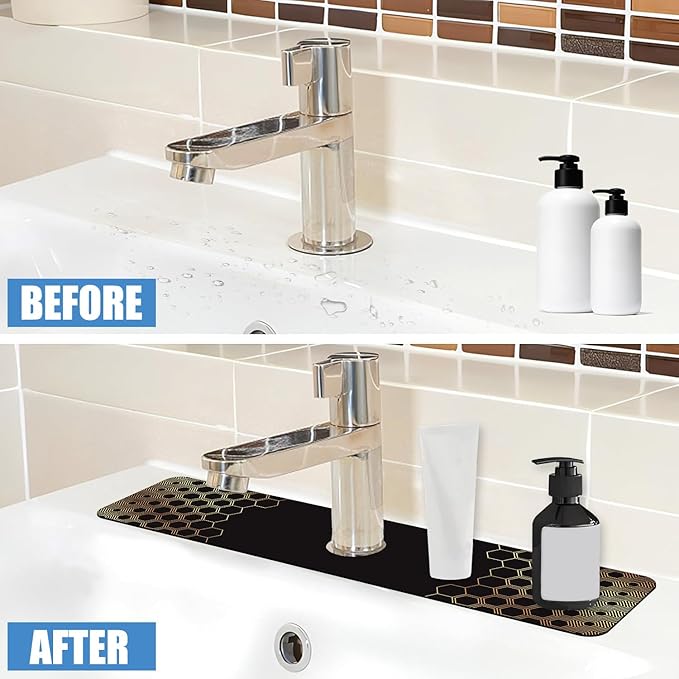 Sink Splash Guard Faucet Mat Black Gold Honeycomb Absorbent Fast Drying Mat Sink Gadgets Splash Guard Behind Faucet Drip Catcher for Kitchen Bathroom 23.5"X5.5"
