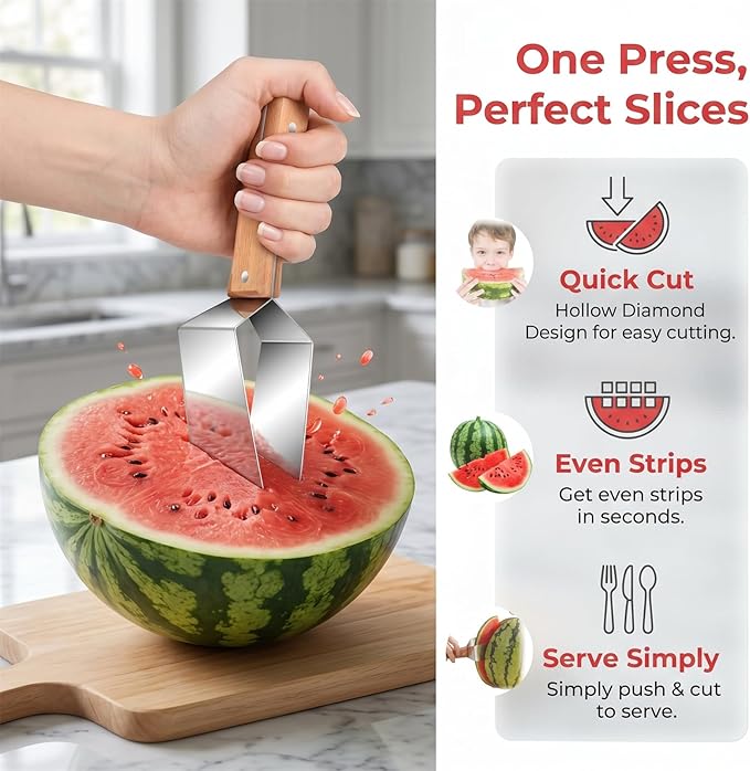 Premium Watermelon Cutter, Stainless Steel Watermelon Cutter Slicer Tool with Wooden Handle, Comfortable Non-slip Handle Multi-Functional Fruit Tool for Watermelon, Cantaloupe & Honeydew (2pcs)