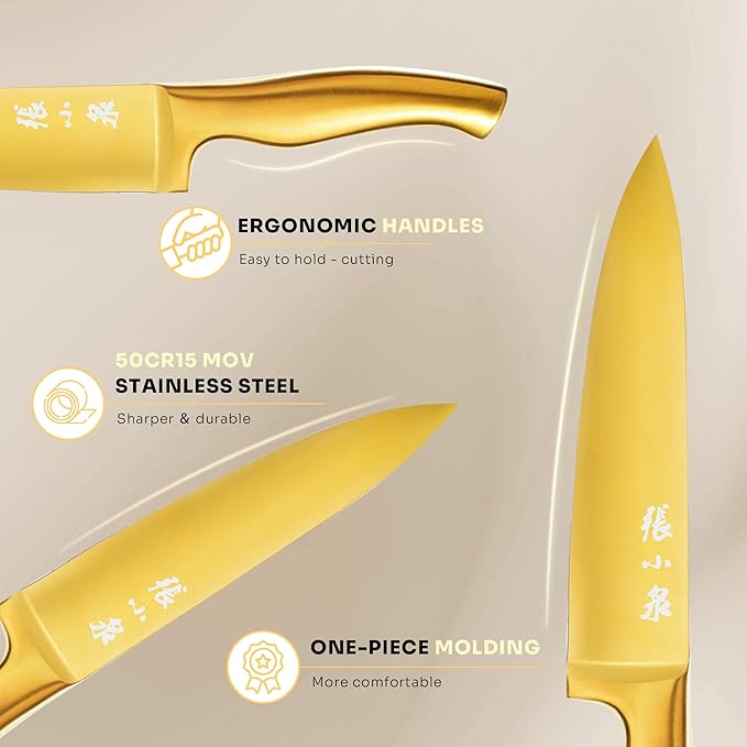 ZHANG XIAO QUAN Gold Knife Set with White Block, High Carbon Stainless Steel Sharp Blades, Built-in Sharpener Kitchen Knife Block Set for Home Cooking