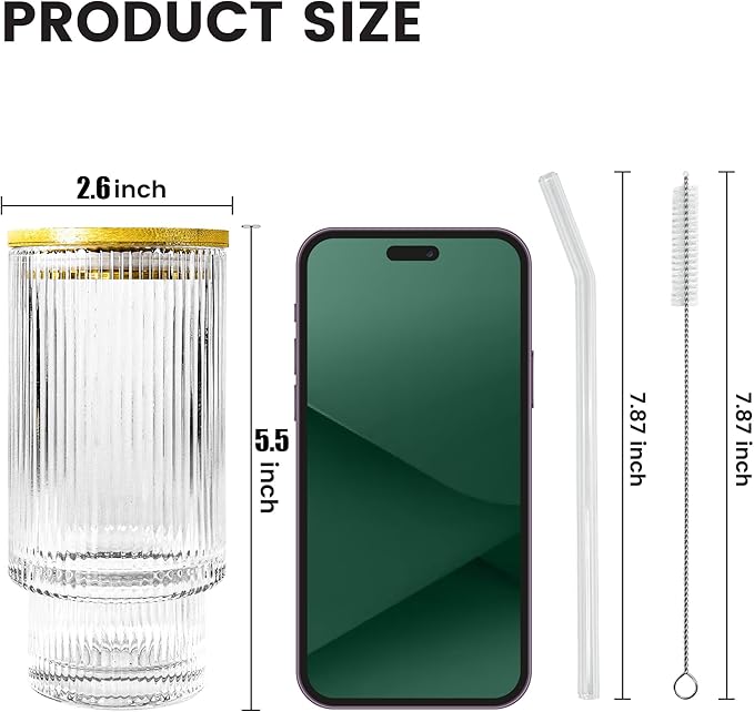 16oz Glass Cup with Lids Straws Brush Vintage Glassware for Mojito Iced Coffee Soda Smoothie Whiskey(Ribbed & Hobnail)