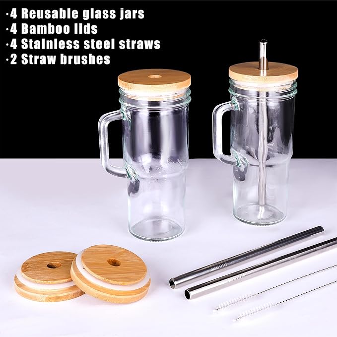 24oz Glass Cups with Lids and Straws - Glass Tumbler cup with bamboo lids and straw iced coffee cup