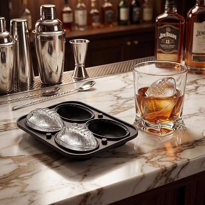 2-Pack Silicone Ice Ball Molds – 1 Football + 1 Soccer, 2.2" Large Whiskey Ice Spheres, Easy-Release & Dishwasher-Safe, BPA-Free Ice Trays for Cocktails, Bourbon, Parties & Gifts