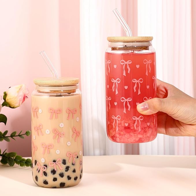 2 Pcs Cute Glass Cups with Lids and Straws, 16Oz Coquette Pink Bow Iced Coffee Cups Preppy Cute Stuff Design Tumbler Mug for Teen Girls Women Kids Mom Bridesmaid Birthday Graduation Wedding Gifts