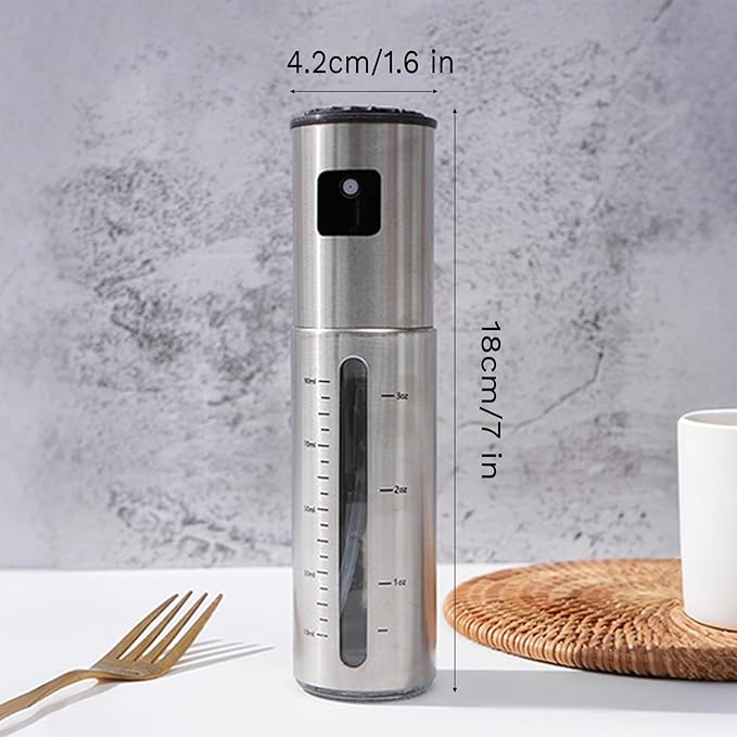 Oil Sprayer for Cooking Spritzer with Scale,Olive Oil Dispenser Bottle for Kitchen(3.3OZ),Hollowed-out Visible Margin Stainless Steel