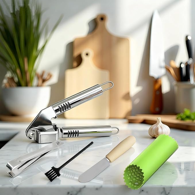MANJIA Garlic Press and Peel Set Stainless Steel- Rust Proof Garlic Mincer Tool - Easy-Squeeze, Easy-Clean Silicone Garlic Peeler & Brush (Green)