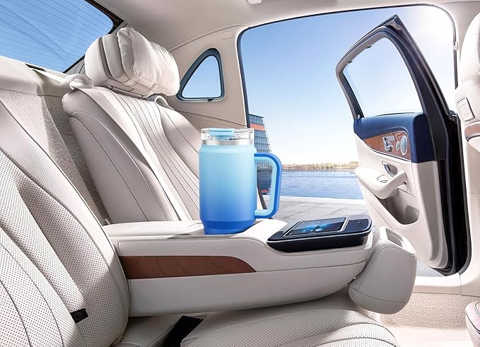 Meoky 32 oz Tumbler with Handle, Insulated Tumbler with Lid and Straw, Stainless Steel Travel Mug, Keeps Cold for 24 Hours, 100% Leak Proof, Fits in Car Cup Holder (Sky)