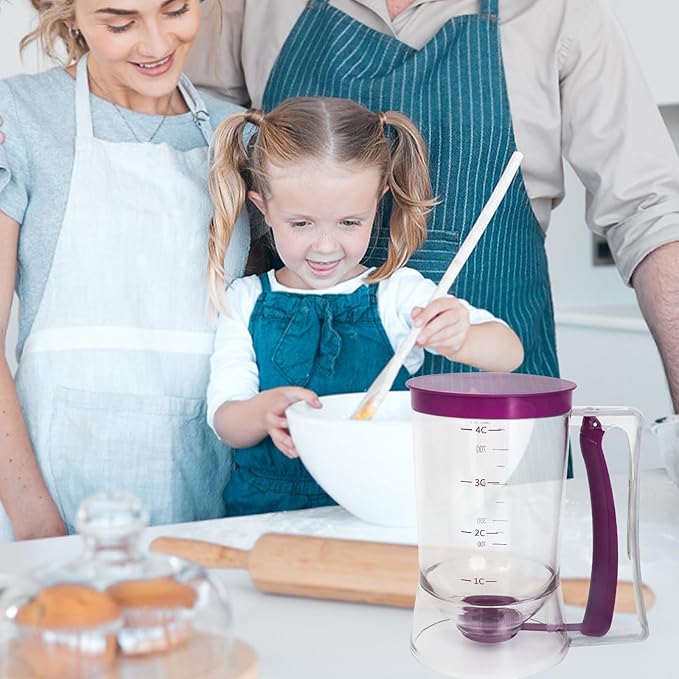 Pancake Batter Dispenser, Kitchen Must Have Tool for Perfect Pancakes, Cupcake, Waffle, Cake & Crepe, Batter Separator Maker with Measuring Label, Easy Pour Baking Supplies for Griddle (Purple)