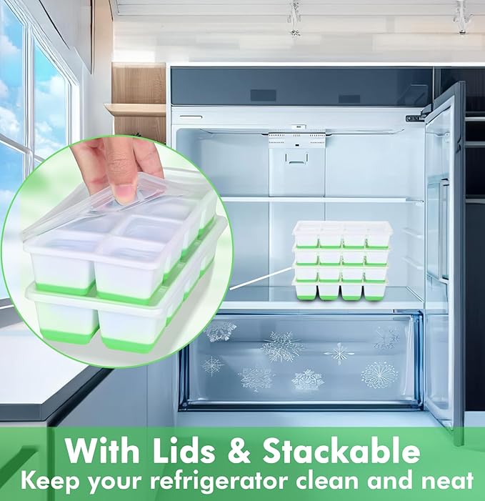 Ice Cube Trays 4 Pack, JRISBO Large Silicone Ice Cube Molds with Leak-Proof Lid, TPE Frame & Easy Release Bottom, Stackable Freezer Ice Trays for Whiskey, Cocktails, Soup, BPA Free