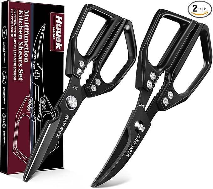 Huusk Kitchen Shears Set Black - Professional Seafood & Kitchen Scissors Set, Sharp Japanese-Style Meat Scissor for Crab, Shrimp, Lobster, Herbs and Food Prep, Christmas Gifts for Men Women