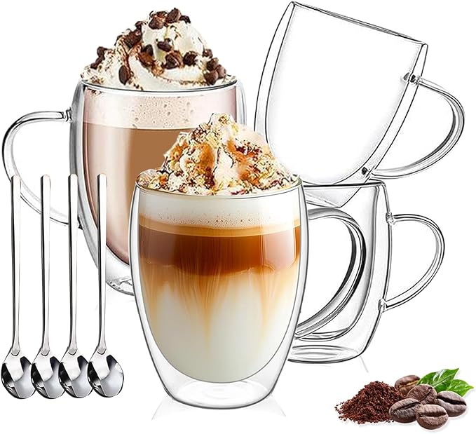 DINGPAl 4 Pack Double Wall Glass Coffee Mugs, 12 oz Walled Insulated Cappuccino Mug Heat Resistant Borosilicate Glass Coffee Cups with Handle and Spoon for Latte, Espresso, Americano, Hot/Cold Drink
