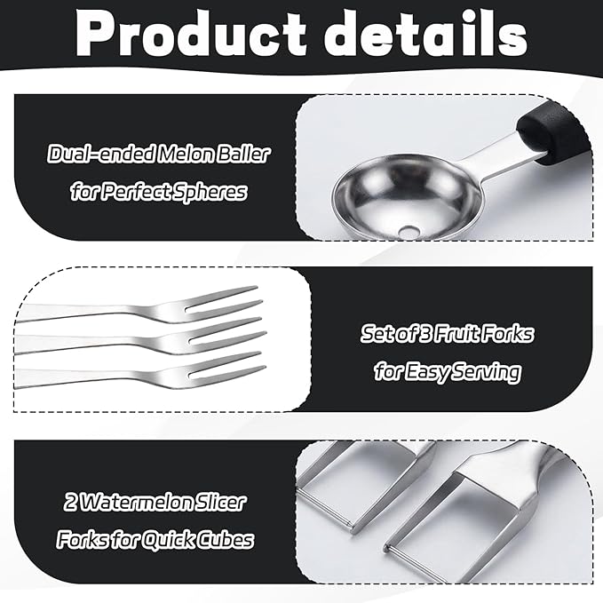 Watermelon Slicer Cutter, 6-Piece Fruit Serving Utensils for Kitchen, Watermelon Slicer with Melon Baller Scoop and Fruit Forks, Easy to Use and Clean