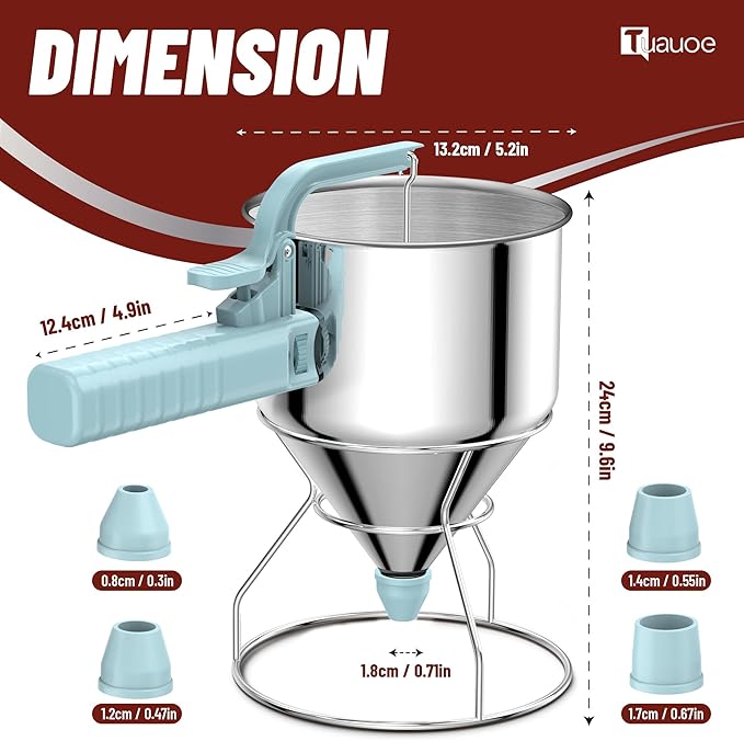Stainless Steel Pancake Batter Dispenser, 40oz Batter Dispenser with Squeeze Handle, Great for Pancakes, Cupcake, Waffle or Any Baked Goods, Durable, Leak-Free, Sky Blue