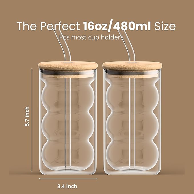 HAPPY PATH & CO. 2 Double Wall Glass Cups with Lids and Straws 16oz (480ml) - Glasses Drinking Set | Glass Tumbler with Bamboo Lid | Ribbed Bubble Glass Cups for Matcha, Coffee and Other Smoothies