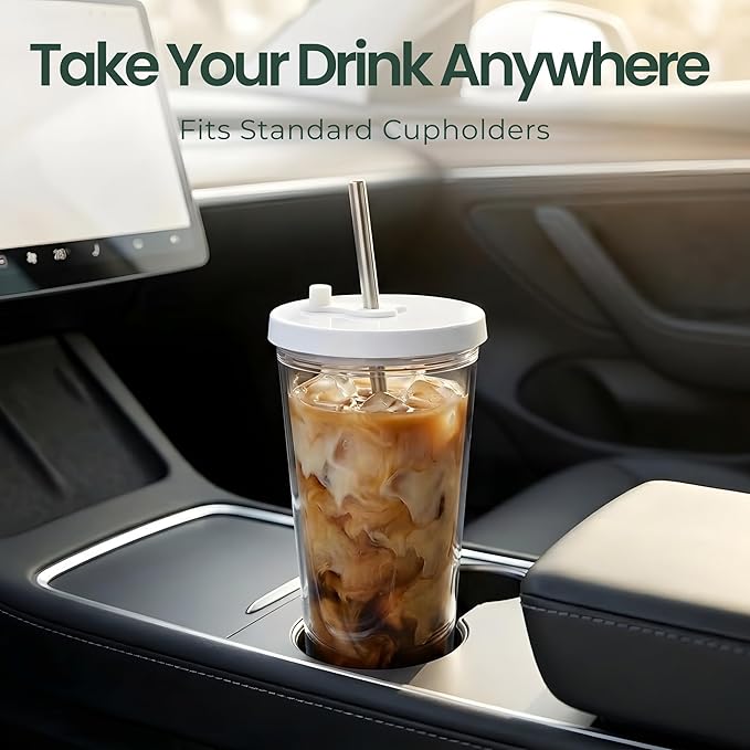 Kensal Home Reusable Iced Coffee Cup (16 Oz/Grande), Leak Proof and Double Wall Insulated Iced Coffee Tumbler, Come with Reusable Plastic and Metal Straws and Straw Cleaner - White