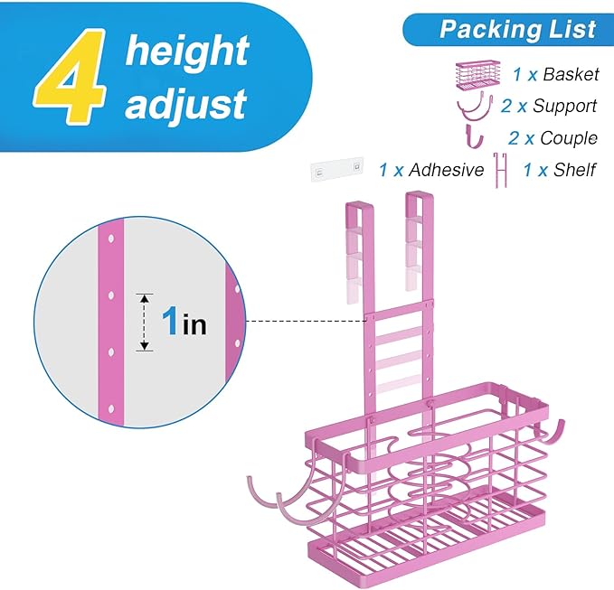 Sevenblue Hair Tool Organizer, 3-in-1 Universal Hair Dryer Holder, Adjustable Height Metal Blow Dryer Holder Wall Mounted/Over Cabinet Door/Free-Standing (Pink)