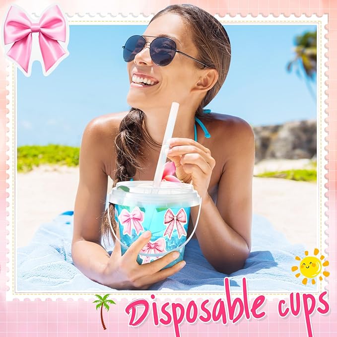 Funnymoom 30 Set Pink Bow Clear Plastic Cups with Lids & Straws 24oz Disposable Rum Drink Buckets Bulk for Cocktail Parties with Handles & Stickers for Holiday Birthday Beach Pool Party Supplies