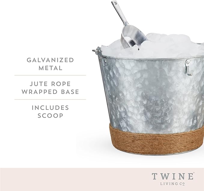 Twine Farmhouse Ice Bucket with Scoop - Beverage Tub Wrapped with Rope for Parties - Galvanized Metal Bucket Cooler & Drink Tub Holds 1 Gallon