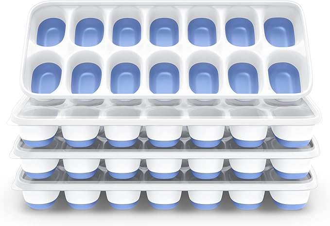 ChefAide Ice Cube Tray with Lid, 4 Packs 56 Cubes Durable Stackable Ice Cube Trays for Freezer with Removable Lids, Easy-Release Plastic & Silicone Ice Tray for Cocktail, Coffee