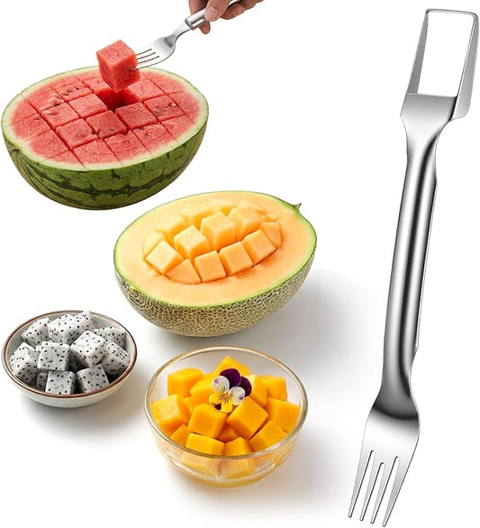 2-in-1 Watermelon Cutter, Stainless Steel Fruit Watermelon Slicer Dual Head Watermelons Fork Slicer Tool, Summer Fruit Cutting Kitchen Gadget Portable Kitchen Tool for Home