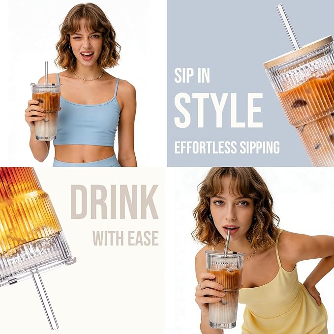 SoulTimes 20oz Glass Cups with Lids and Straws, Ribbed Glass Tumbler for Iced Coffee, Smoothie, Juice & Cold Drinks, Reusable Thick Glassware Set, Elegant Home & Travel Drinkware【4 Pack】