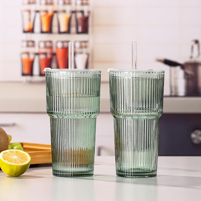 4PCS Green Ribbed Glass Cups with Lids and Straws, 20oz Vintage Drinking Glasses, Aesthetic Iced Coffee Cups, Glass Tumbler for Boba, Beer, Tea, Cocktails, Green Ribbed Glassware Set