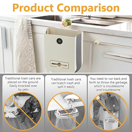 Collapsible Trash Can for Kitchen, Hanging Trash Can with 60 Pcs of Garbage Bags, Plastic Folding Garbage Bin, Compost Bin Kitchen 2.64 Gallon