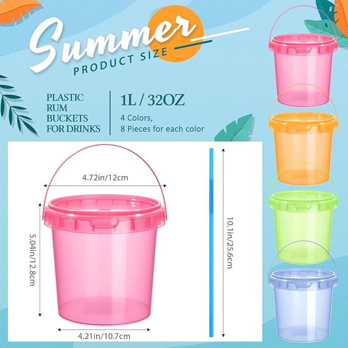 Funnymoom 32 Pack 32 oz Plastic Rum Buckets for Drinks with Straws Ice Cream Cocktail Bucket with Lids and Handles Reusable Food Containers Cup for Parties Summer Beach Bar Beer (Muticolor)