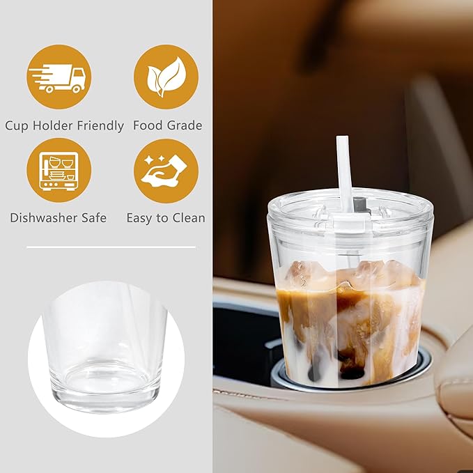 15oz Glass Cups with Lids and Straws Iced Coffee Glasses Tumbler Leak Proof Drinking Glasses Set of 2 for Gift Cold Drink Smoothie Boba Tea(Blue & Clear)