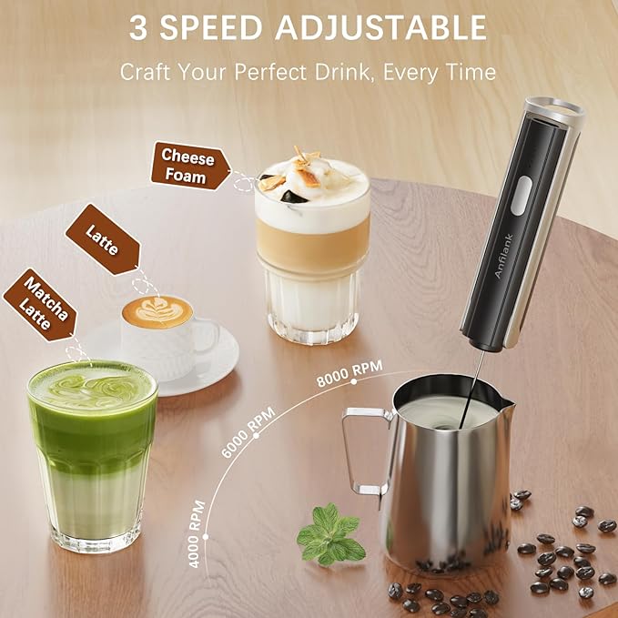 Anfilank Handheld Milk Frother Wand with Folding Stand, Rechargeable Electric Whisk with 3 Speeds & 3 Stainless Heads, Milk Foam Maker with Stand for Latte, Cappuccino, Hot Chocolate, Egg