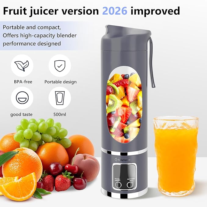 EASYSPEED Portable Blender Electric USB-C, 500ML Personal Juicer for Shakes and Smoothies, 12 Blades, 1500mAh Rechargeable, BPA Free, 18oz Small Blender with Leakproof Lid & Sip Spout, Mixing, Compact