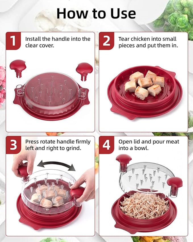 10" Chicken Shredder with Tray, Large Meat Shredder Tool Twist with Brush,BPA Free Meat Grinder, Visible Chicken Shredder Machine, Strong Anti-Slip Strip, Suitable for Pork, Beef, Chicken (Red)