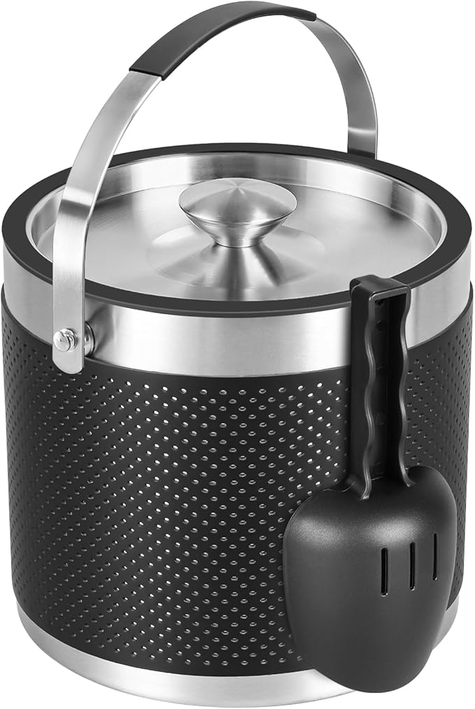 3Quart/3.2L Insulated Ice Bucket with Lid, Scoop, Leather Design Double Wall Stainless Steel Wine Bucket for Cocktail Bar, Parties (Black)