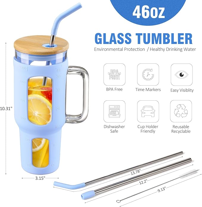 WINSA Glass Tumbler with Lid and Straw, 46 oz Iced Coffee Cup with Handle, Large Water Bottles with Silicone Sleeve, Glass Cup with Straws - Pearl Straw & Drinking Straw BPA Free-Glacier