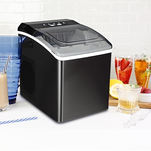 Koolatron KIM26-B Ice Makers Countertop, Portable Ice Maker, 26lbs/24Hrs 9 Bullet Ice Cubes Ready in 7 Mins, Self-Cleaning Function, L&S Size, with Ice Scoop and Basket, Perfect for Party, Black